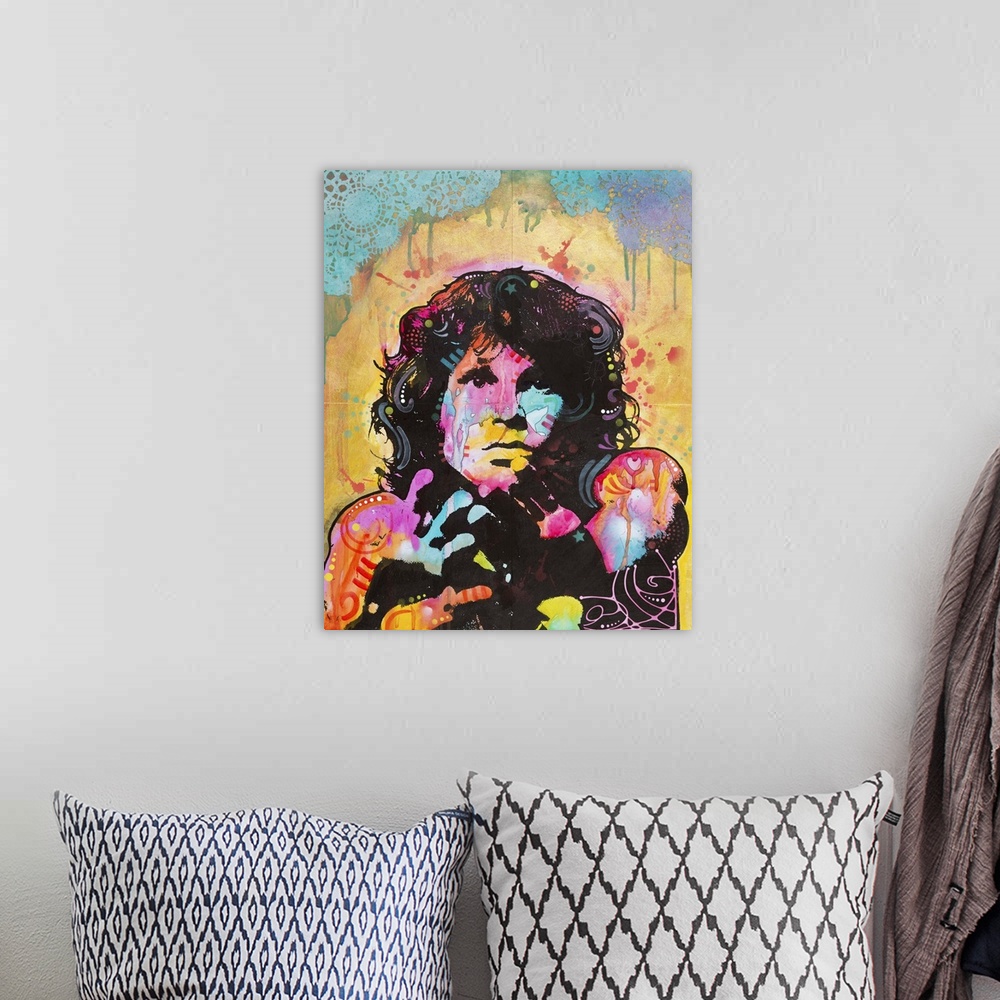 A bohemian room featuring Pop art style illustration of Jim Morrison with colorful graffiti designs and markings.