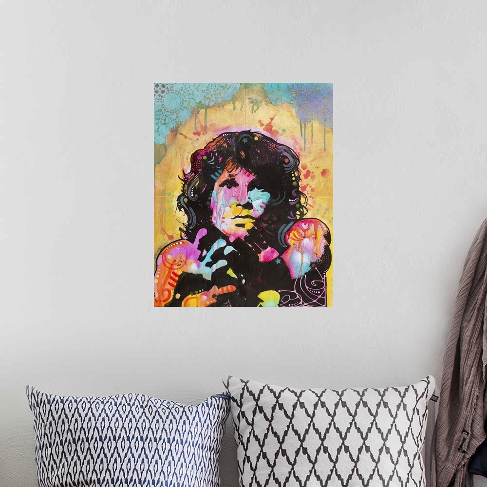 A bohemian room featuring Pop art style illustration of Jim Morrison with colorful graffiti designs and markings.