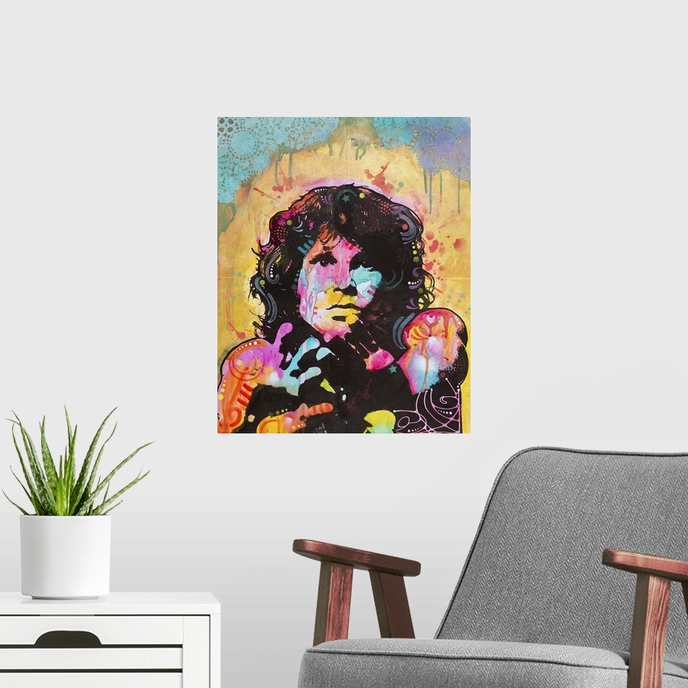 A modern room featuring Pop art style illustration of Jim Morrison with colorful graffiti designs and markings.