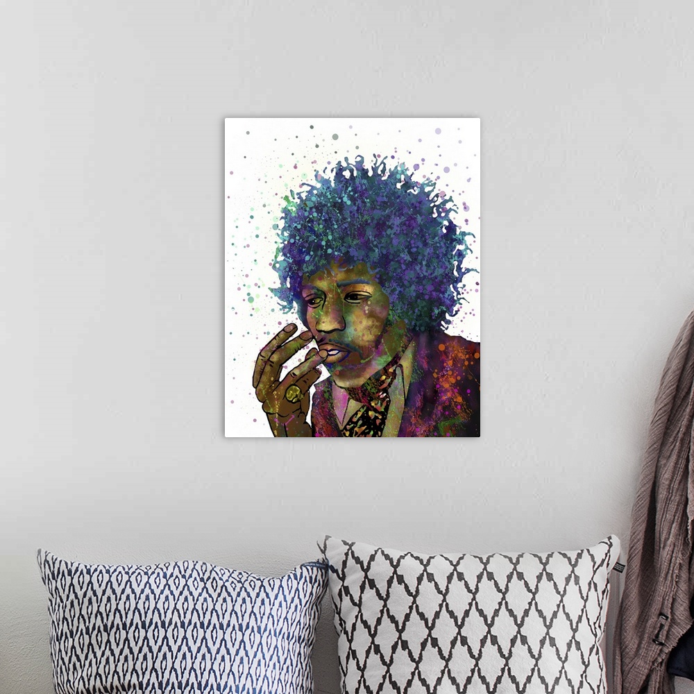 A bohemian room featuring Contemporary colorful portrait of Jimi Hendrix
