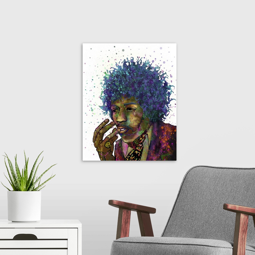 A modern room featuring Contemporary colorful portrait of Jimi Hendrix