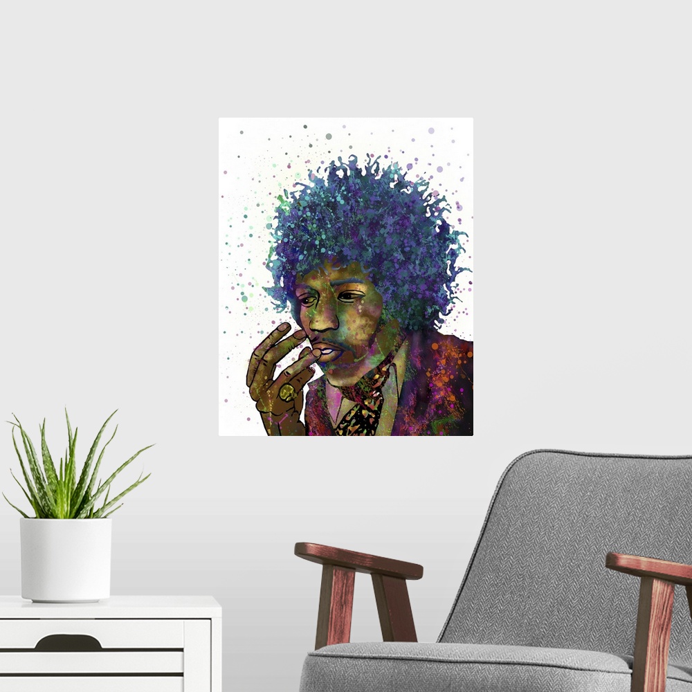 A modern room featuring Contemporary colorful portrait of Jimi Hendrix