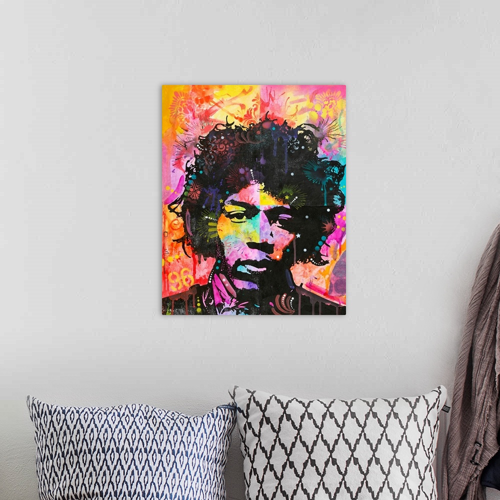 A bohemian room featuring Pop art style painting of Jimi Hendrix with bright warm hues and graffiti-like designs.