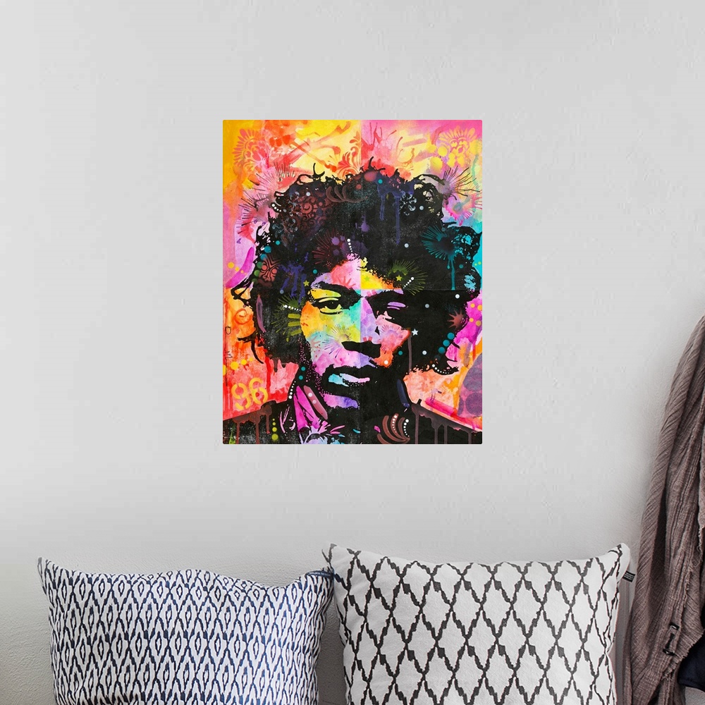 A bohemian room featuring Pop art style painting of Jimi Hendrix with bright warm hues and graffiti-like designs.