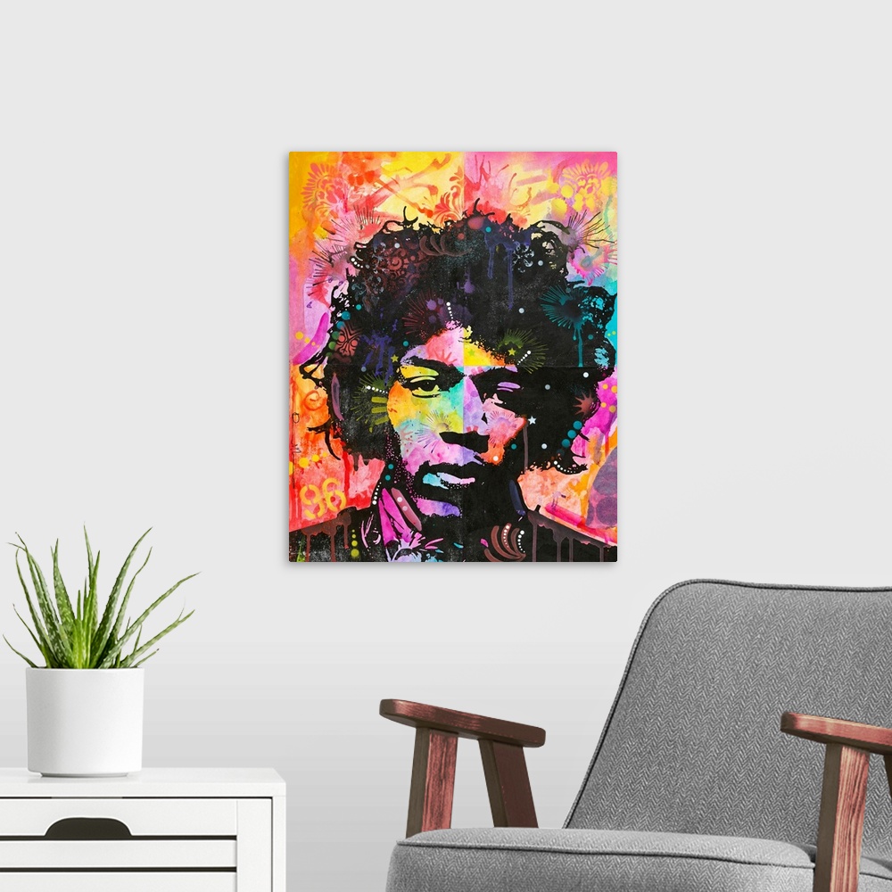 A modern room featuring Pop art style painting of Jimi Hendrix with bright warm hues and graffiti-like designs.