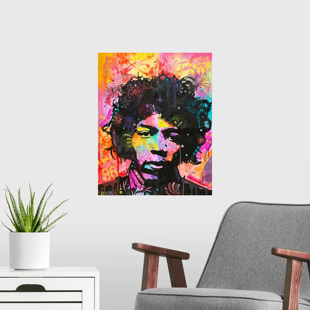 A modern room featuring Pop art style painting of Jimi Hendrix with bright warm hues and graffiti-like designs.