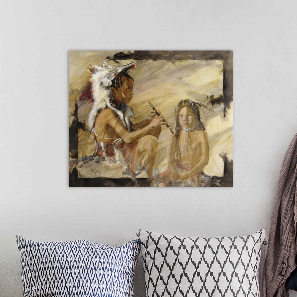 A bohemian room featuring Contemporary western theme painting of native american children.