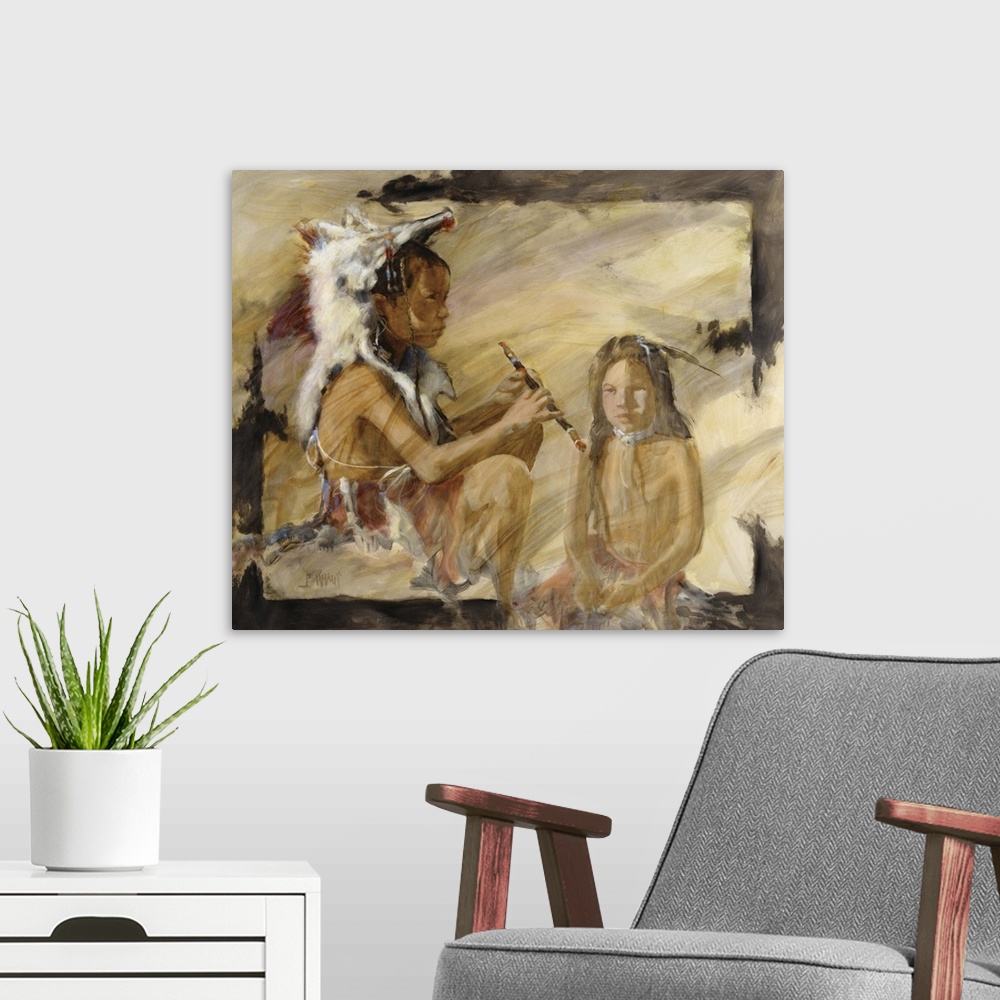 A modern room featuring Contemporary western theme painting of native american children.
