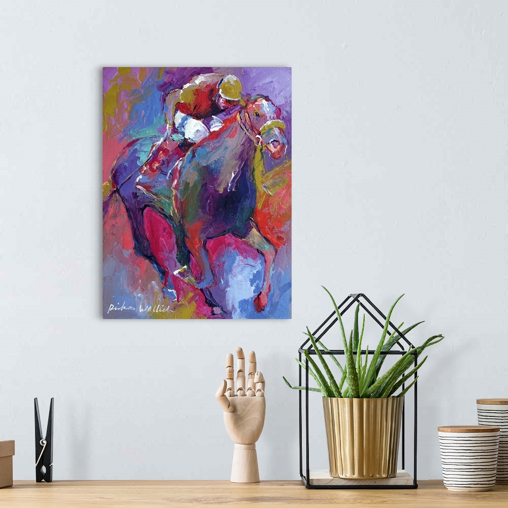 A bohemian room featuring Contemporary colorful painting of jockeys riding horses in a race.
