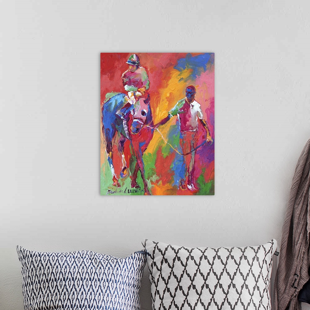A bohemian room featuring Contemporary colorful painting of a jockey on horseback being led.