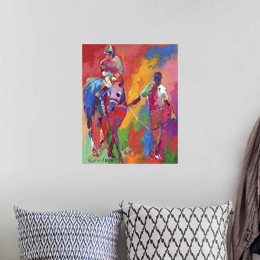 A bohemian room featuring Contemporary colorful painting of a jockey on horseback being led.