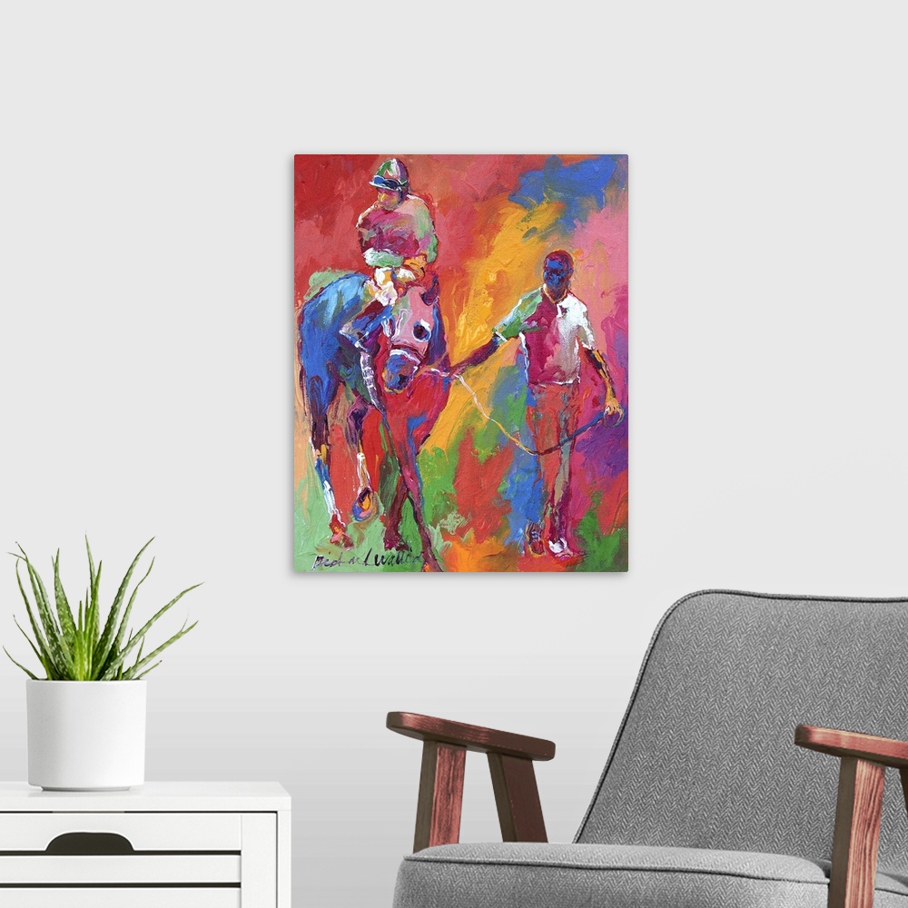 A modern room featuring Contemporary colorful painting of a jockey on horseback being led.