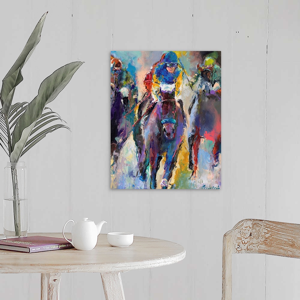 A farmhouse room featuring Colorful abstract painting of jockeys on horseback.