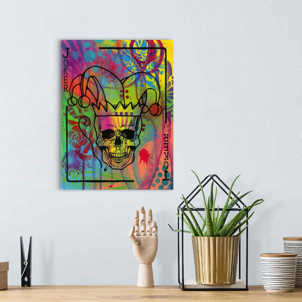 A bohemian room featuring Illustration of a Joker playing card with the skull smoking on a colorful graffiti style background.