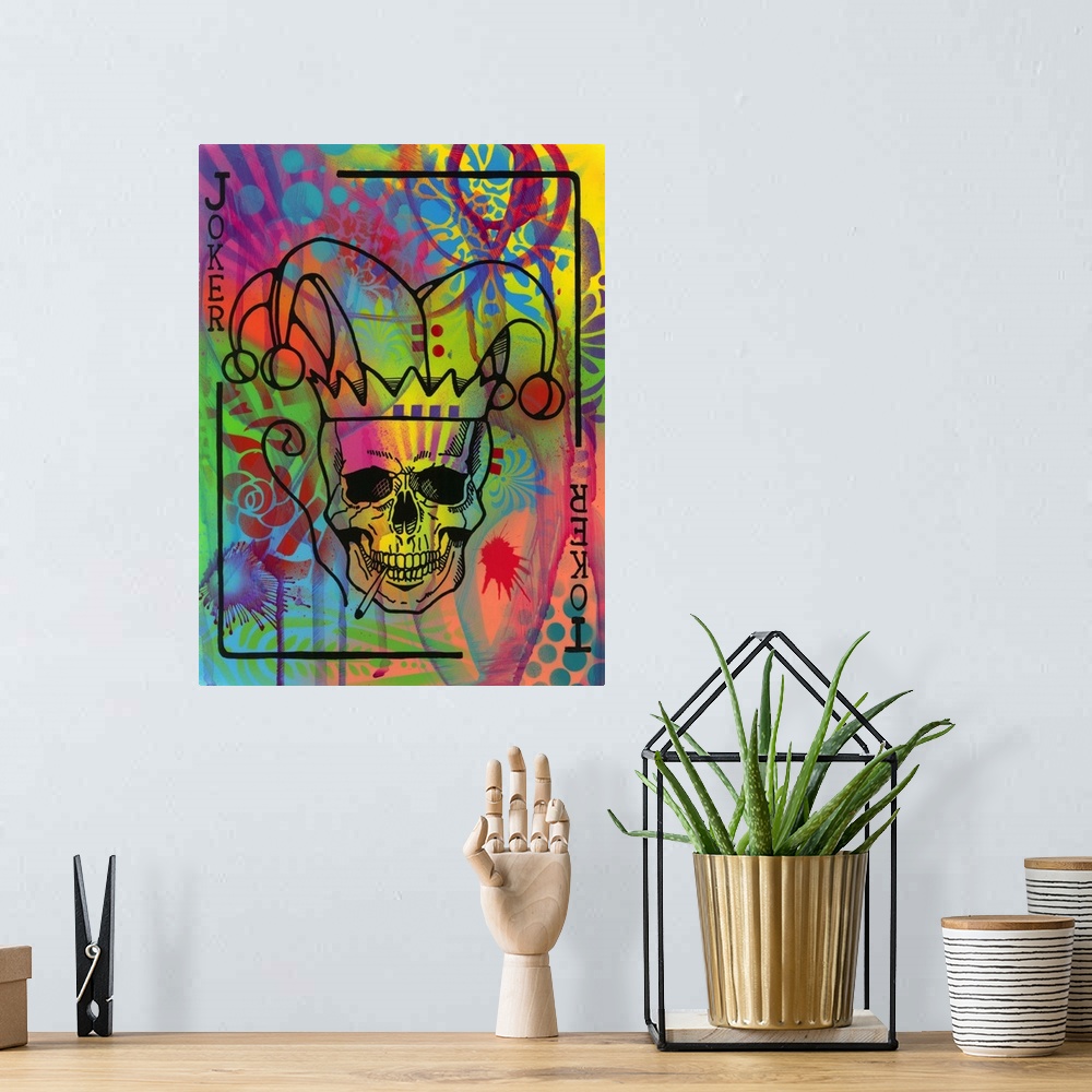 A bohemian room featuring Illustration of a Joker playing card with the skull smoking on a colorful graffiti style background.
