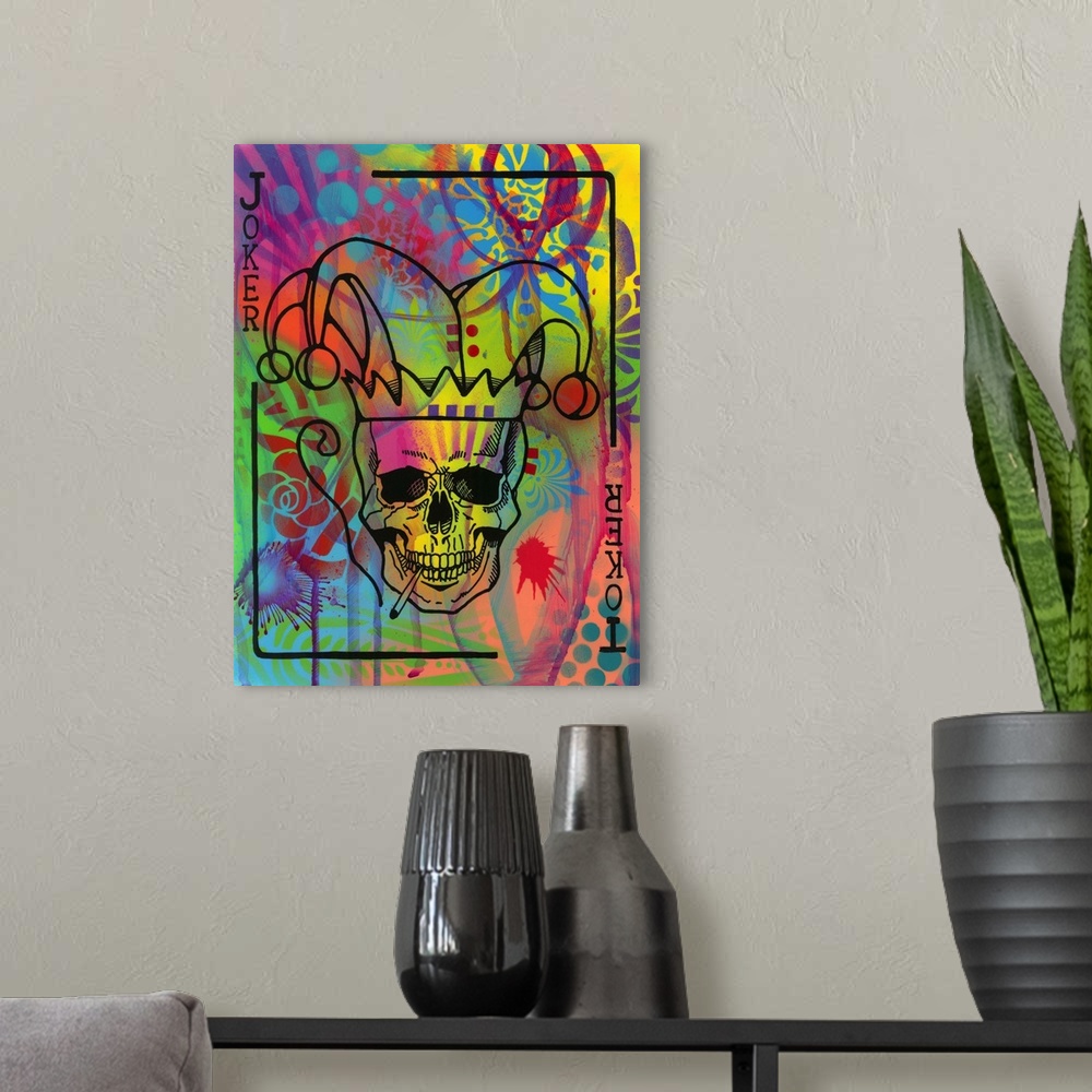 A modern room featuring Illustration of a Joker playing card with the skull smoking on a colorful graffiti style background.