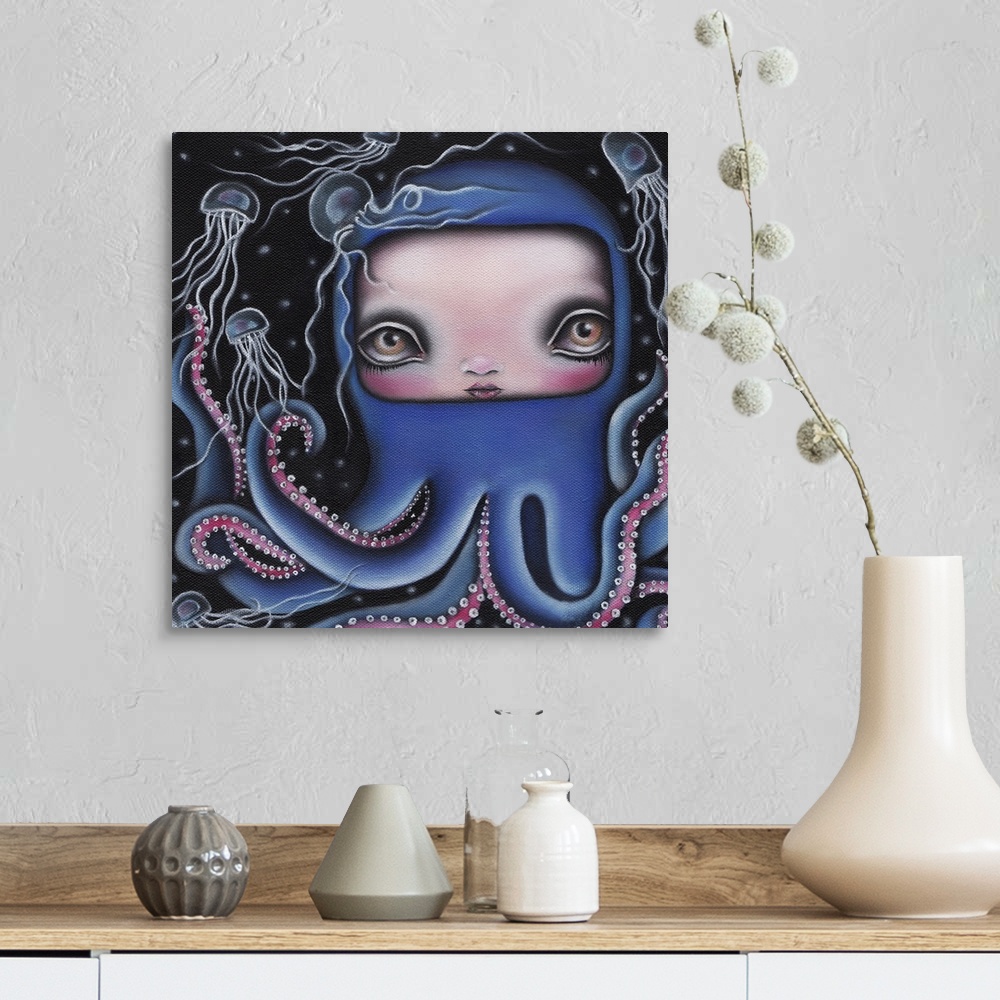 A farmhouse room featuring Contemporary surreal painting of a blue octopus with the face of girl with large eyes and surroun...