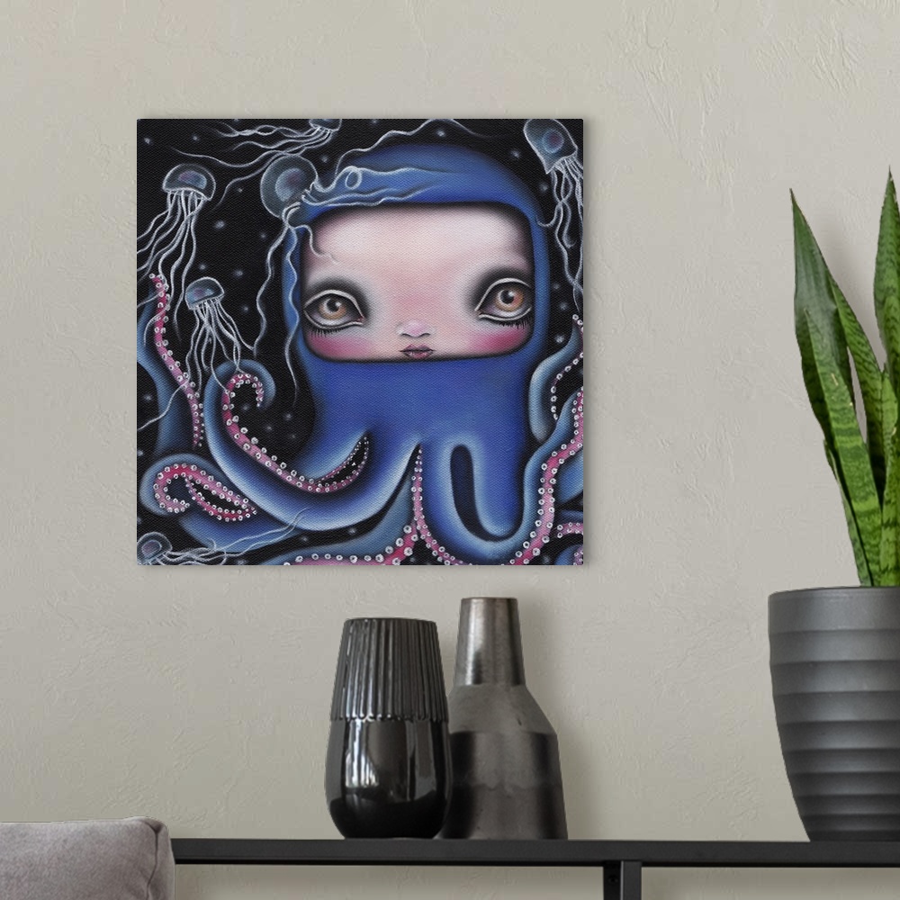 A modern room featuring Contemporary surreal painting of a blue octopus with the face of girl with large eyes and surroun...