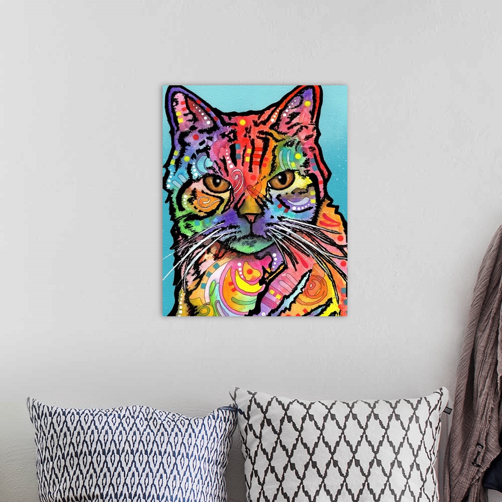 A bohemian room featuring Colorful illustration of a cat with graffiti-like markings on a blue background.