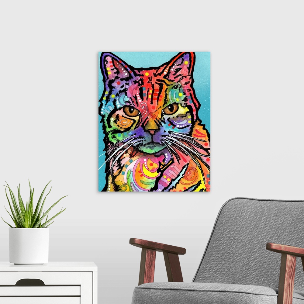 A modern room featuring Colorful illustration of a cat with graffiti-like markings on a blue background.