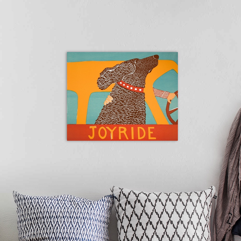 A bohemian room featuring Illustration of a chocolate lab riding in a car with its head out of the window and the phrase "J...