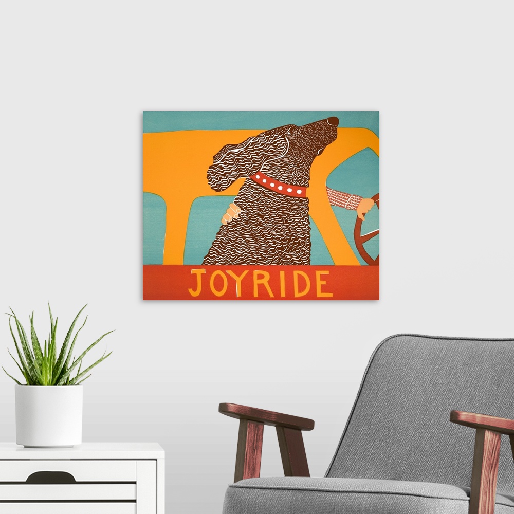 A modern room featuring Illustration of a chocolate lab riding in a car with its head out of the window and the phrase "J...