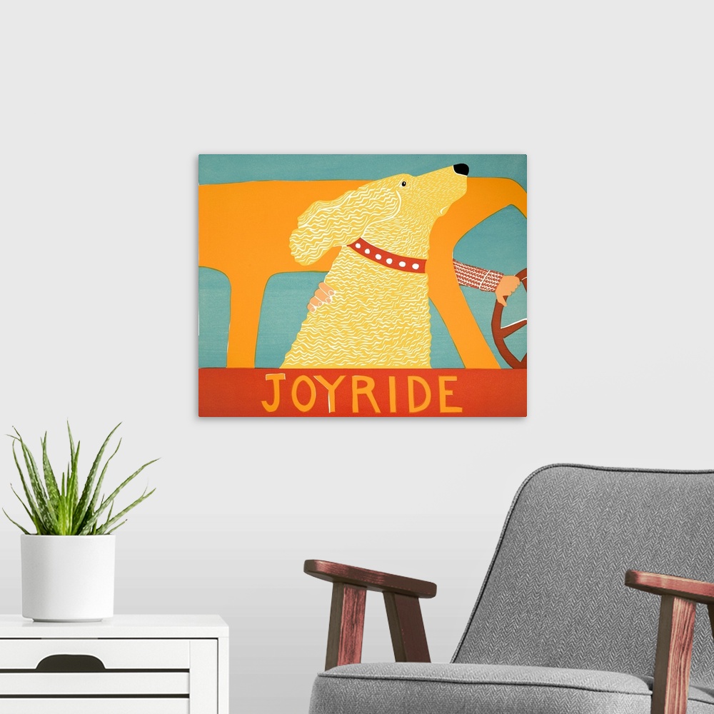 A modern room featuring Illustration of a yellow lab riding in a car with its head out of the window and the phrase "Joyr...