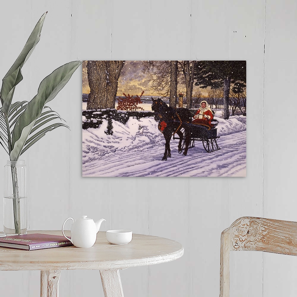 A farmhouse room featuring Contemporary artwork of a serene countryside scene.