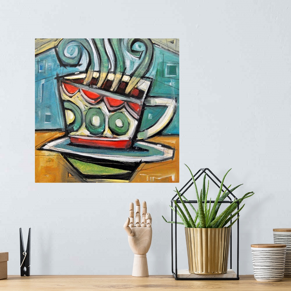 A bohemian room featuring Modern artwork of a coffe cup sitting on a table with steam from the hot coffee pouring out of th...