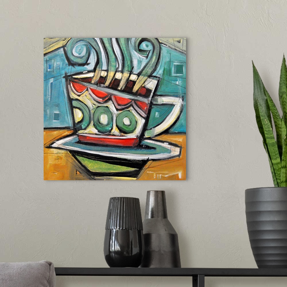 A modern room featuring Modern artwork of a coffe cup sitting on a table with steam from the hot coffee pouring out of th...