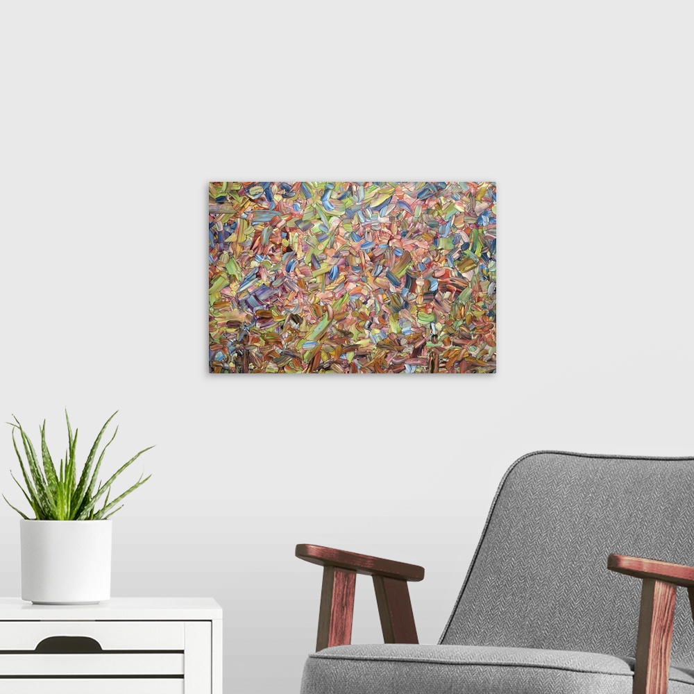 A modern room featuring Abstract artwork made of streaks and splatters, in warm summer tones.