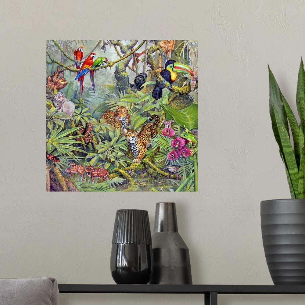 A modern room featuring Jungle scene with parrots, a toucan, leopards, and other jungle animals