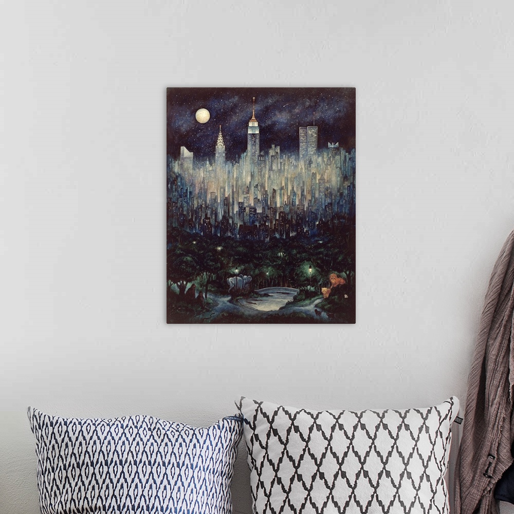 A bohemian room featuring New York City skyline with a jungle setting fading into it.