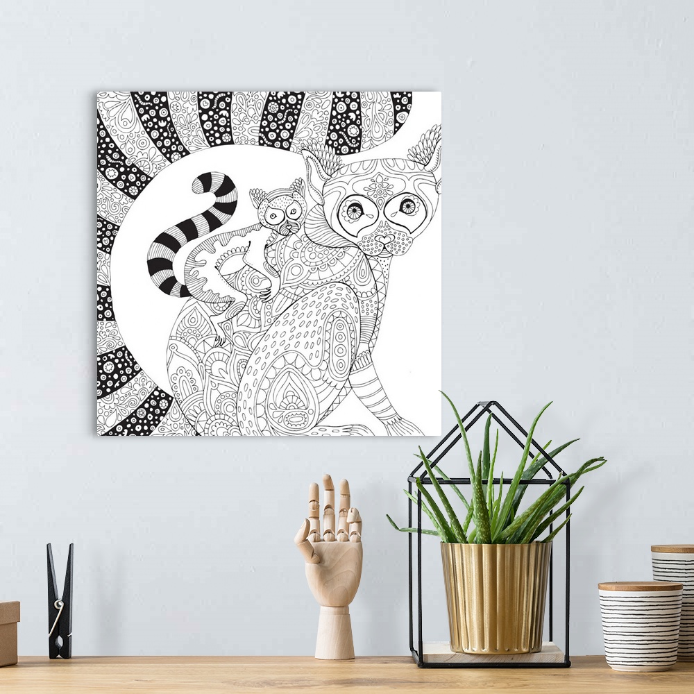 A bohemian room featuring Jungle themed line art of a mother lemur with a baby lemur on her back.