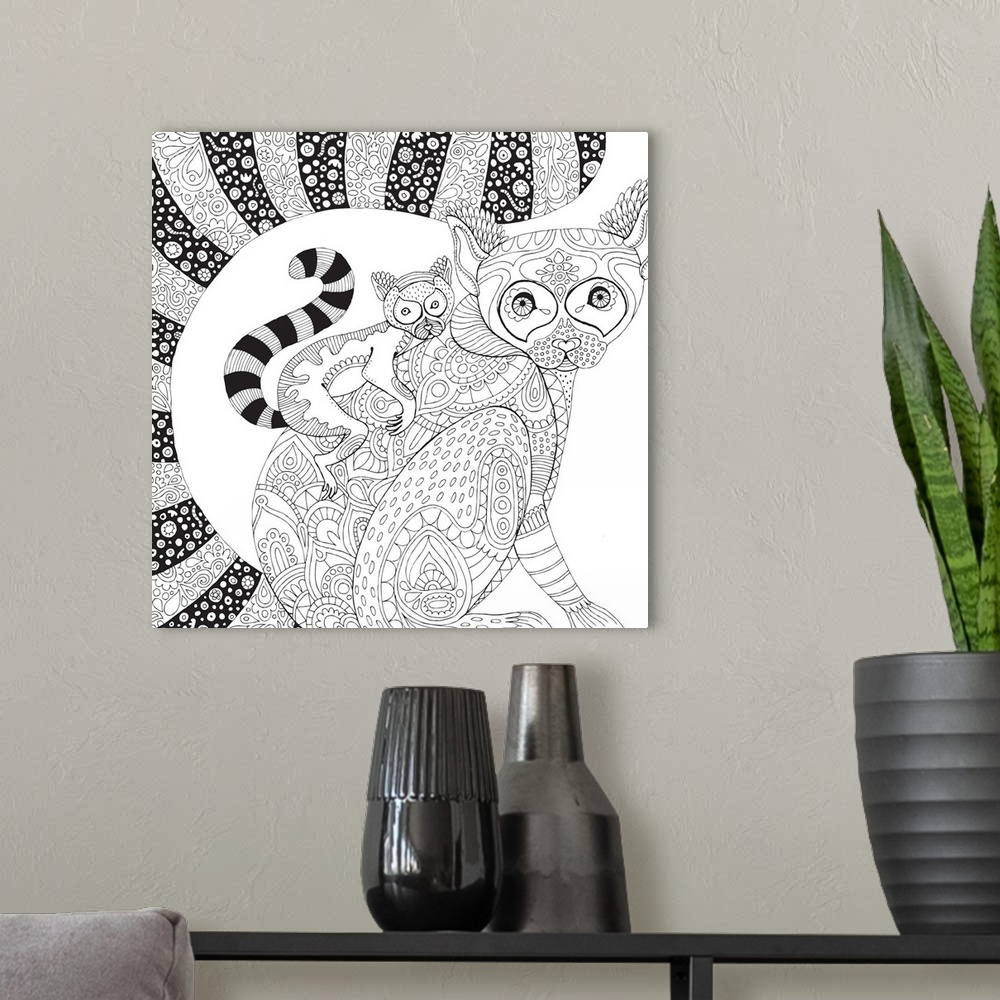 A modern room featuring Jungle themed line art of a mother lemur with a baby lemur on her back.