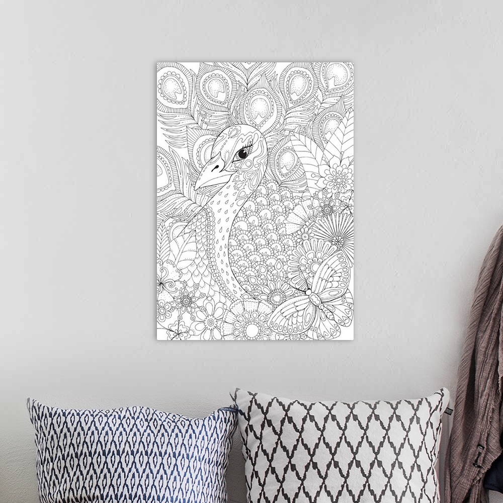 A bohemian room featuring Black and white line art of an intricately designed peacock with flowers at the bottom.