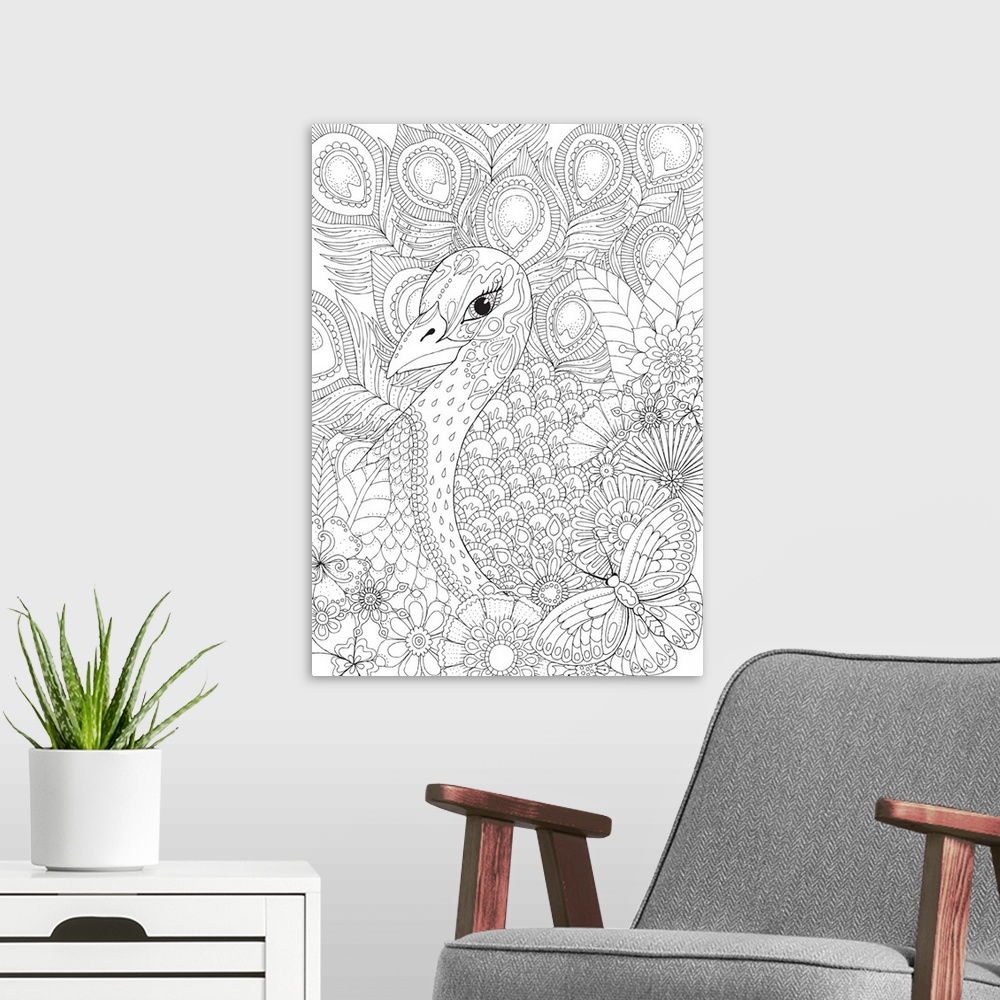 A modern room featuring Black and white line art of an intricately designed peacock with flowers at the bottom.