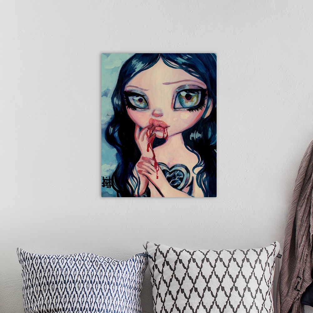 A bohemian room featuring Fantasy painting of a vampire woman with blood dripping from her mouth.