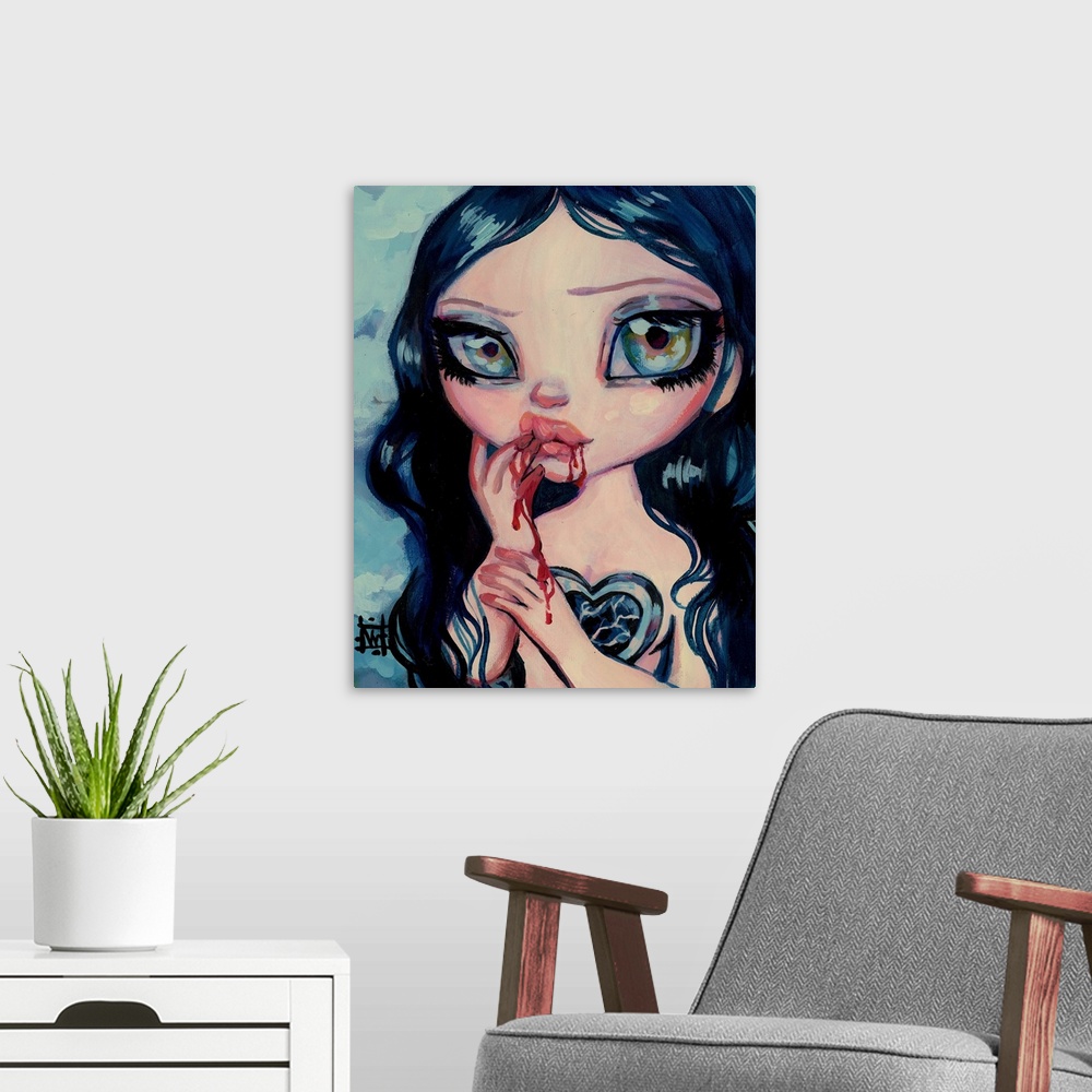 A modern room featuring Fantasy painting of a vampire woman with blood dripping from her mouth.