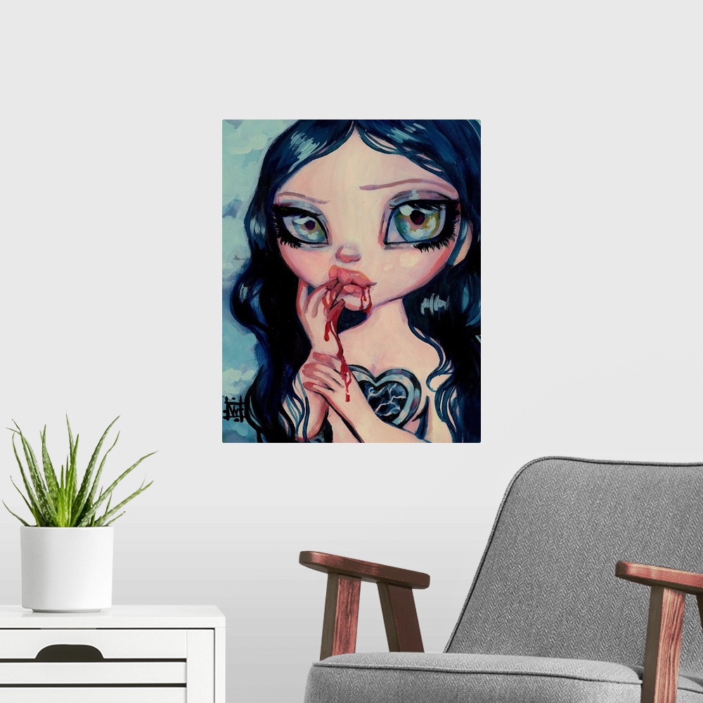 A modern room featuring Fantasy painting of a vampire woman with blood dripping from her mouth.