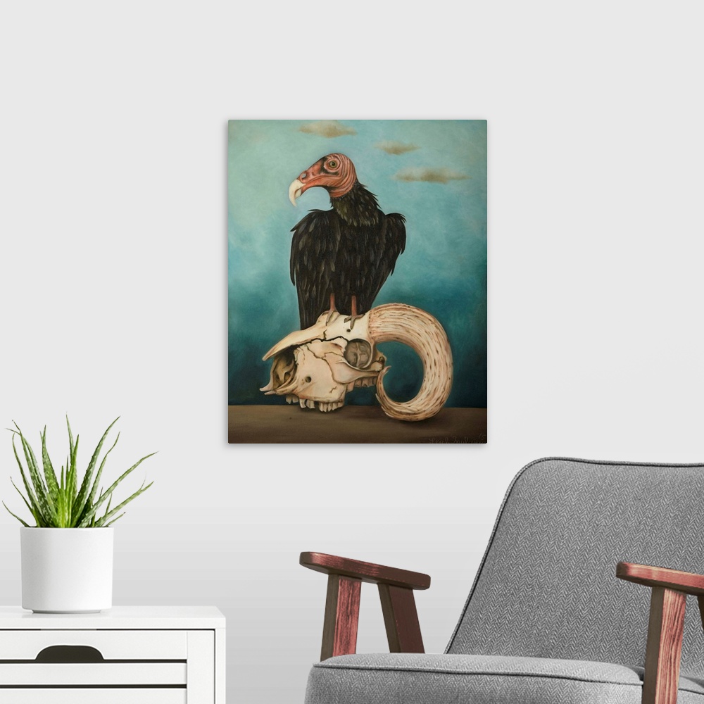 A modern room featuring Surrealist painting of a vulture sitting atop a ram skull.