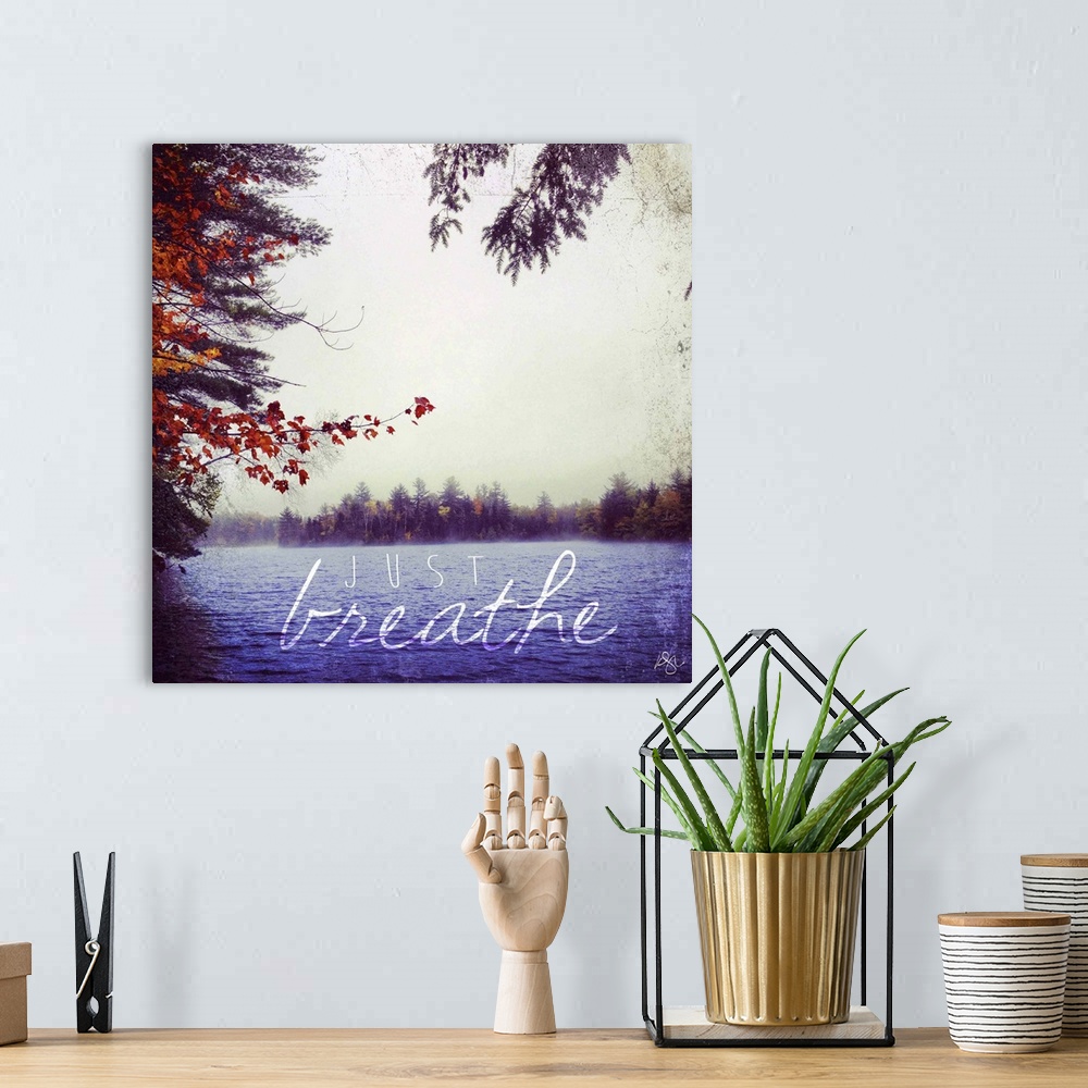 A bohemian room featuring Motivational text against background photograph of a serene lake.