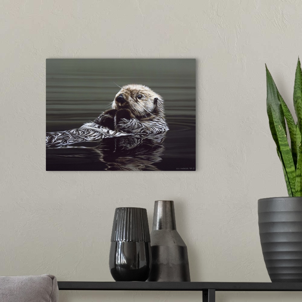 A modern room featuring An otter rests on its back, drifting through the water.