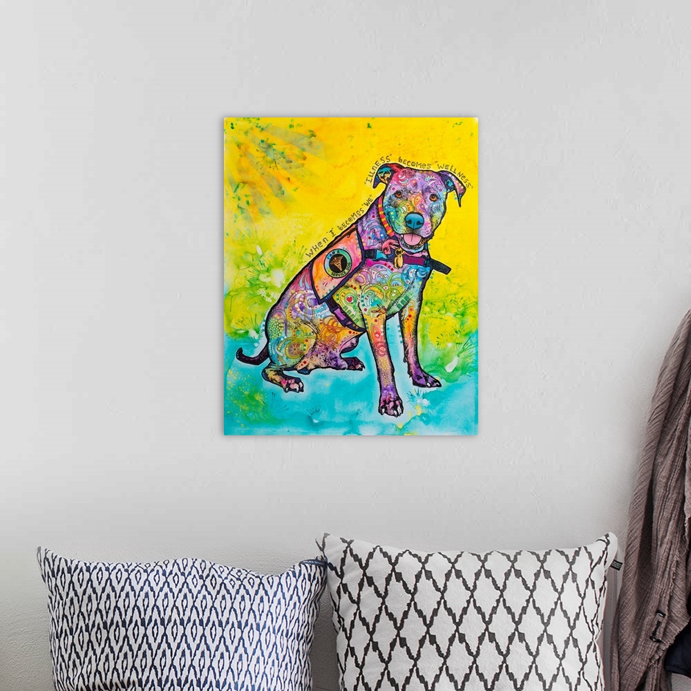 A bohemian room featuring "When I Becomes "We" "Illness" Becomes "Wellness" handwritten around a colorful dog wearing a ser...