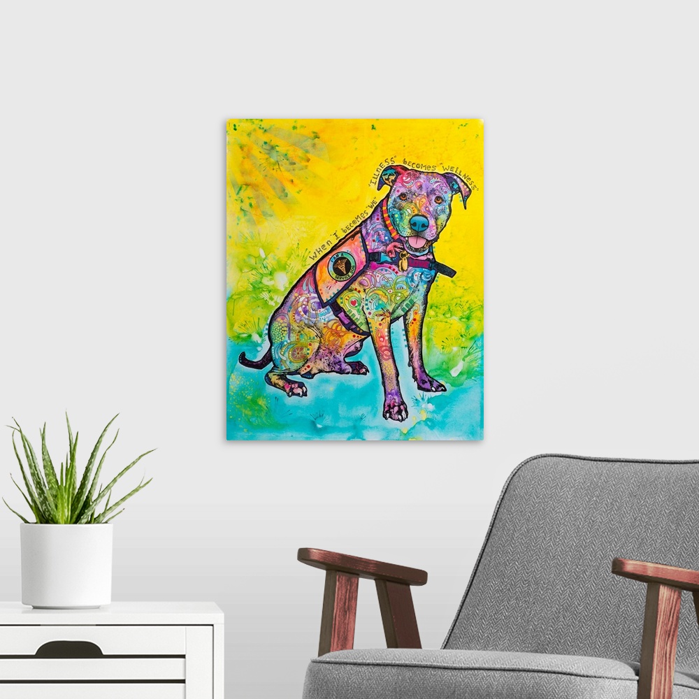 A modern room featuring "When I Becomes "We" "Illness" Becomes "Wellness" handwritten around a colorful dog wearing a ser...