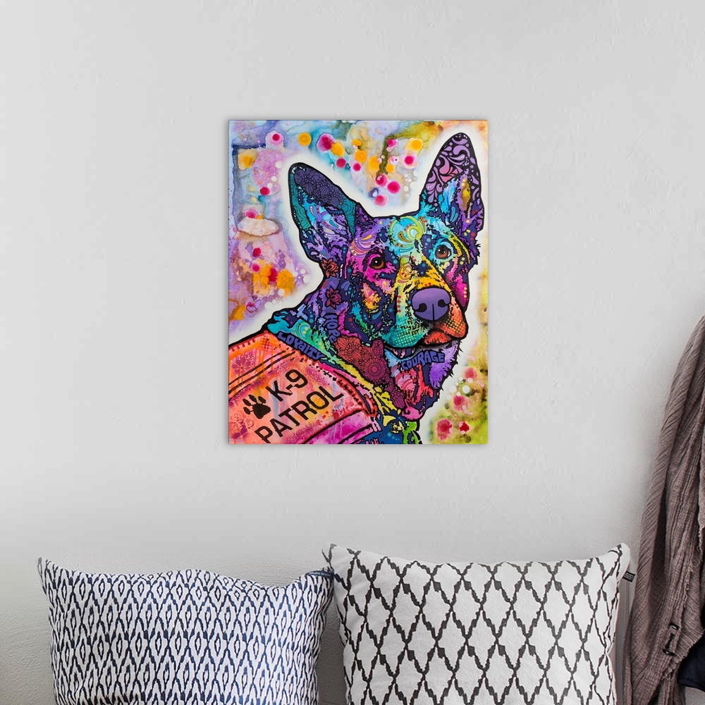 A bohemian room featuring Pop art style painting of German Shepard dog with abstract designs wearing a K-9 Patrol vest.