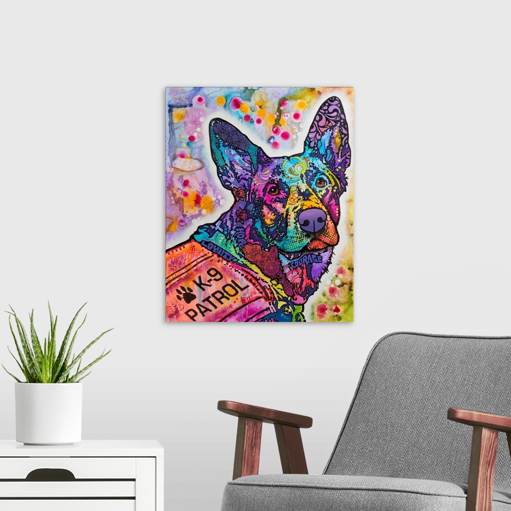 A modern room featuring Pop art style painting of German Shepard dog with abstract designs wearing a K-9 Patrol vest.