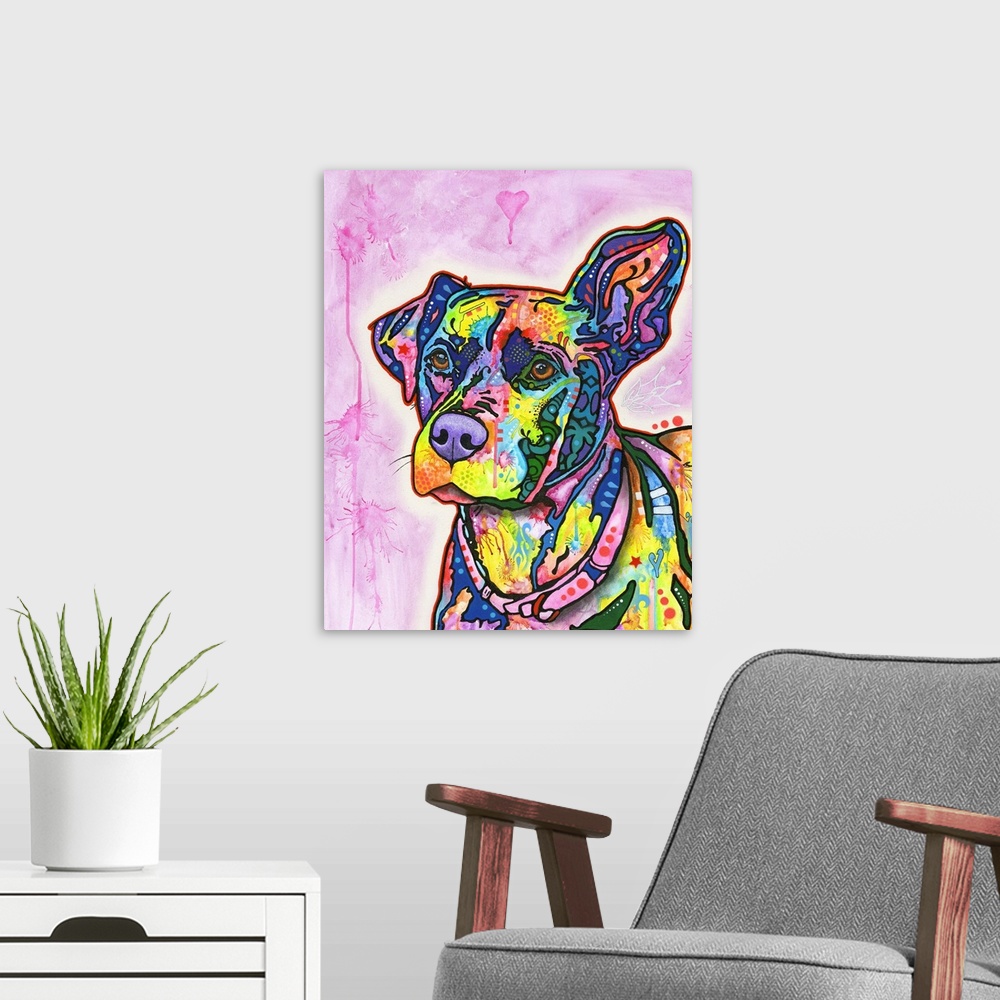 A modern room featuring Colorful painting of a Labrador with graffiti-like designs on a pink background.