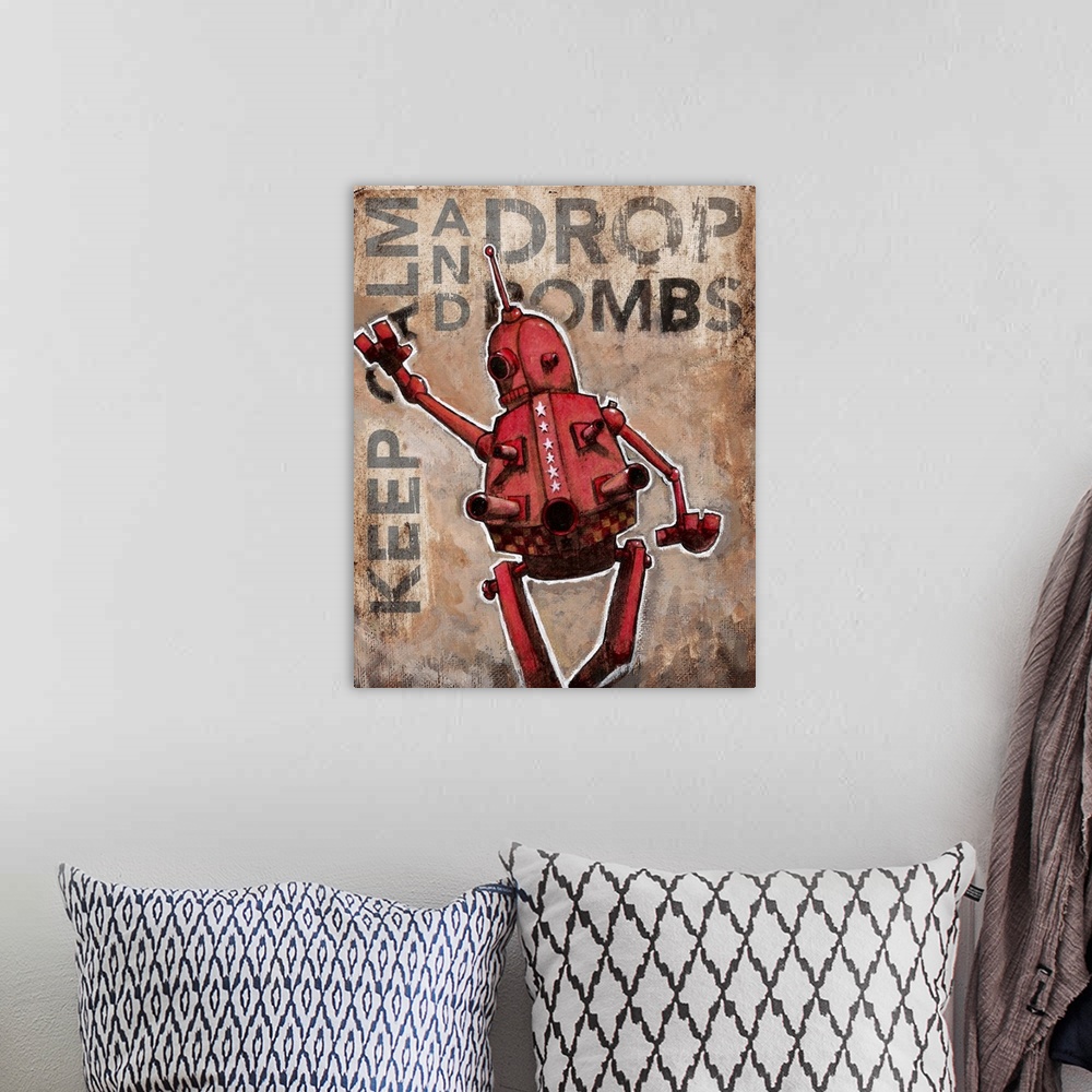 A bohemian room featuring Illustration of a red robot armed with missles.