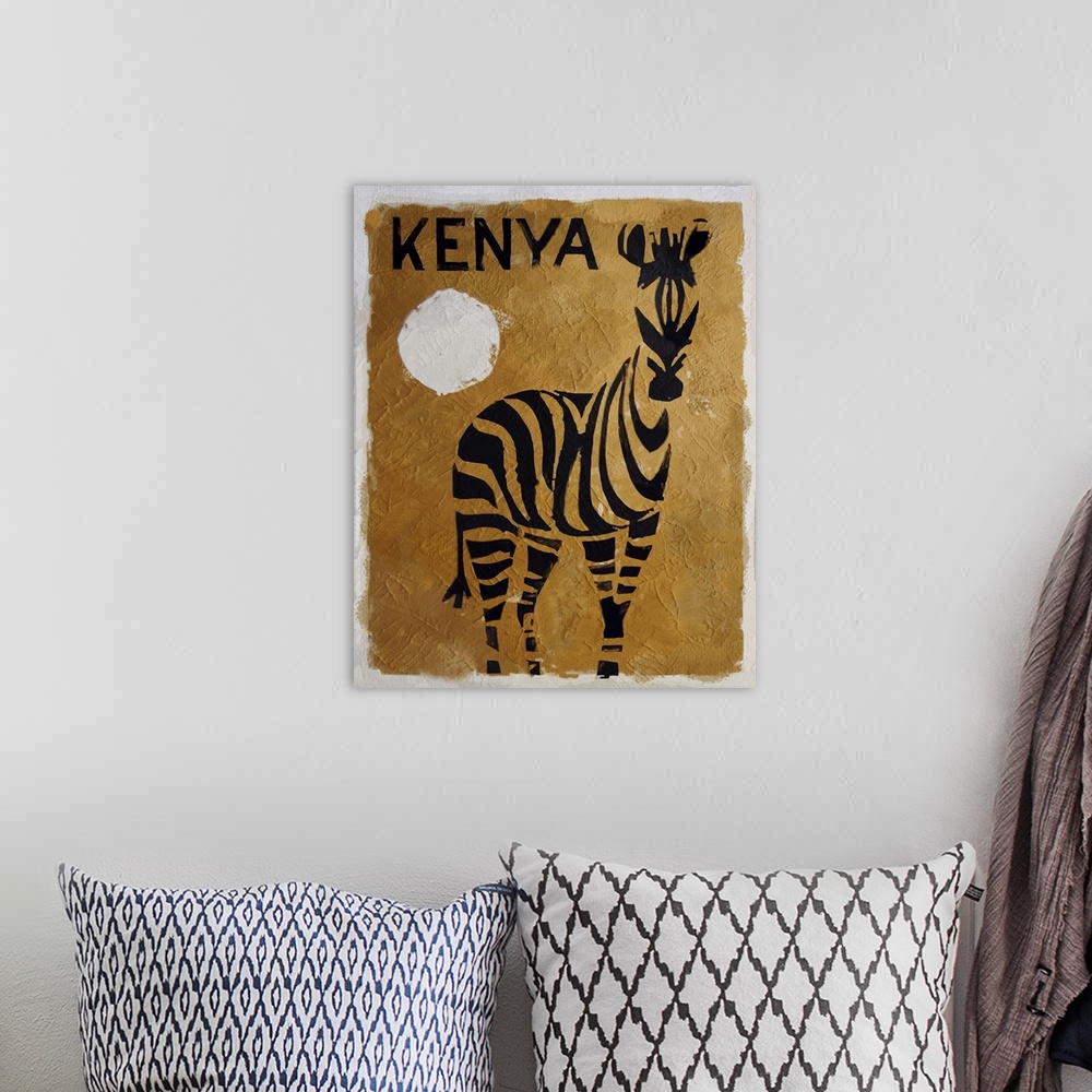 A bohemian room featuring Vintage poster advertisement for Kenya.